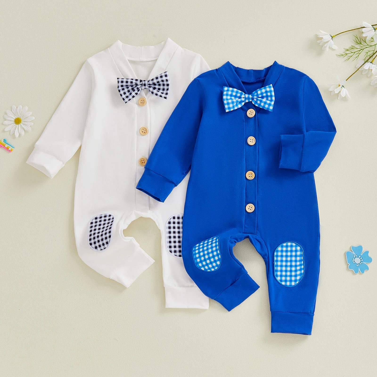 

Baby Boys Jumpsuit Set, Long Sleeve V Neck Button Closure Plaid Romper with Bow Tie