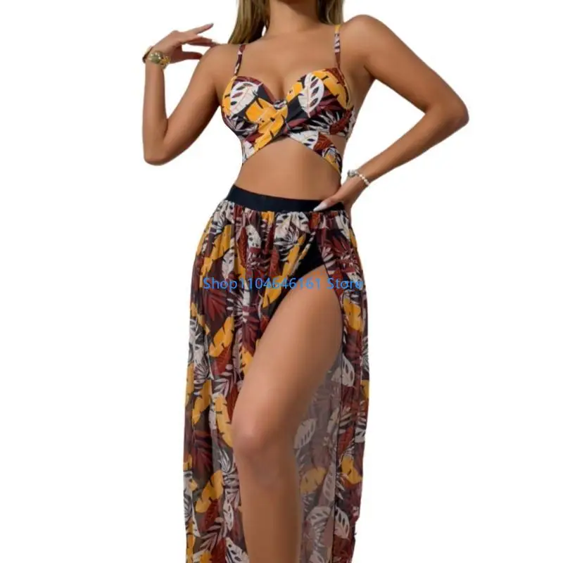 Women 3 Pcs Bathing Suit with Beach Skirt Swimsuit Flower Print Swimwear