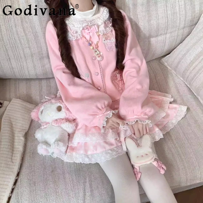 

Original Japanese Soft Girl Lolita Kawaii Pink Short Jacket Autumn New Daughter Y2K Clothing Cute Bow Lace Embroidery Cardigan
