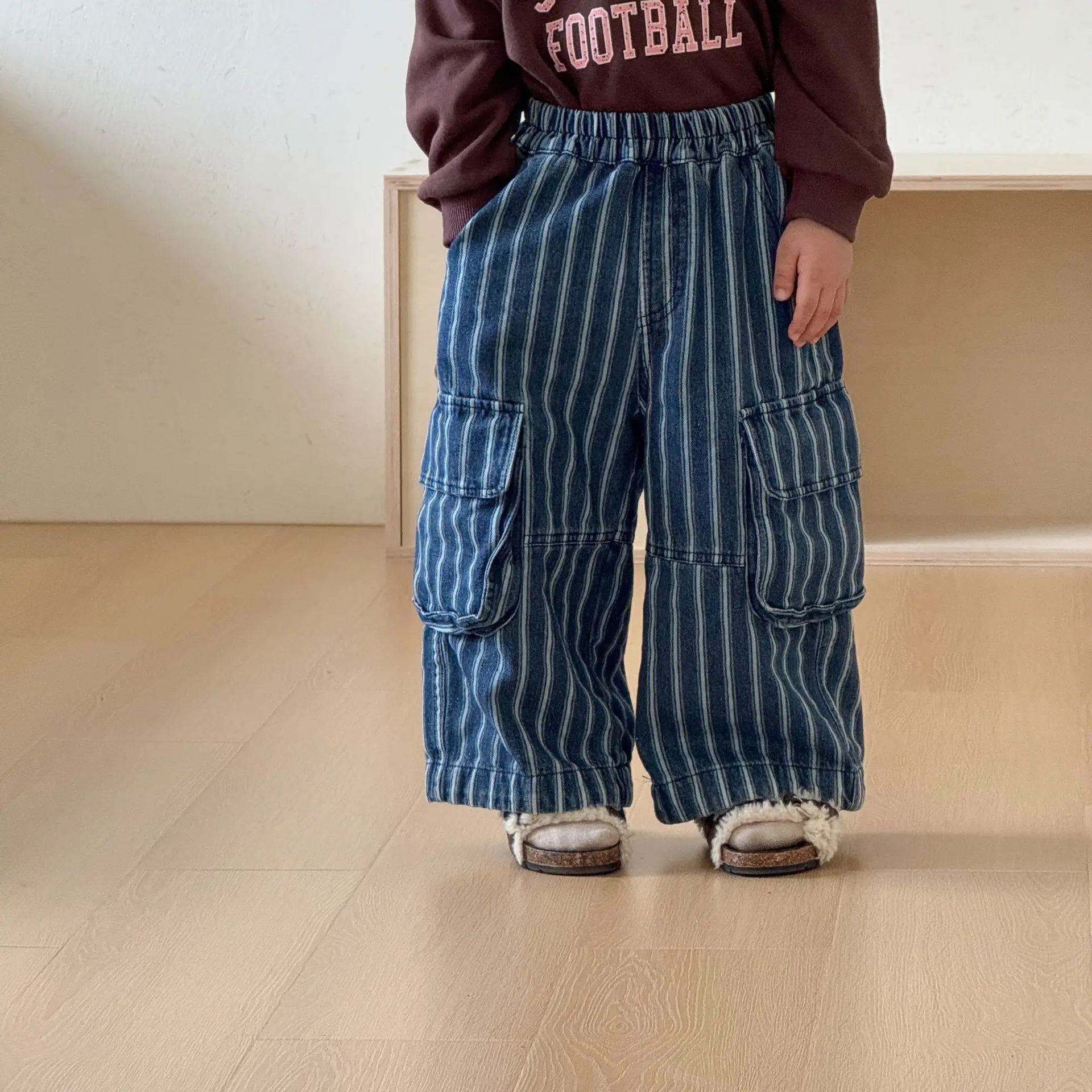 Autumn New Children Loose Denim Trousers Girls Fashion Striped Wide Leg Pants Boys Casual Cargo Pants Kids Clothes 3