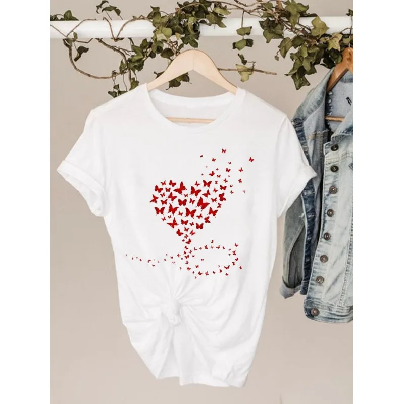 Patterned T-shirt Clothing 90s Sweet Love Mood Valentine's Day Ladies Printed T-shirt Clothing Summer  Summer polyester fabric