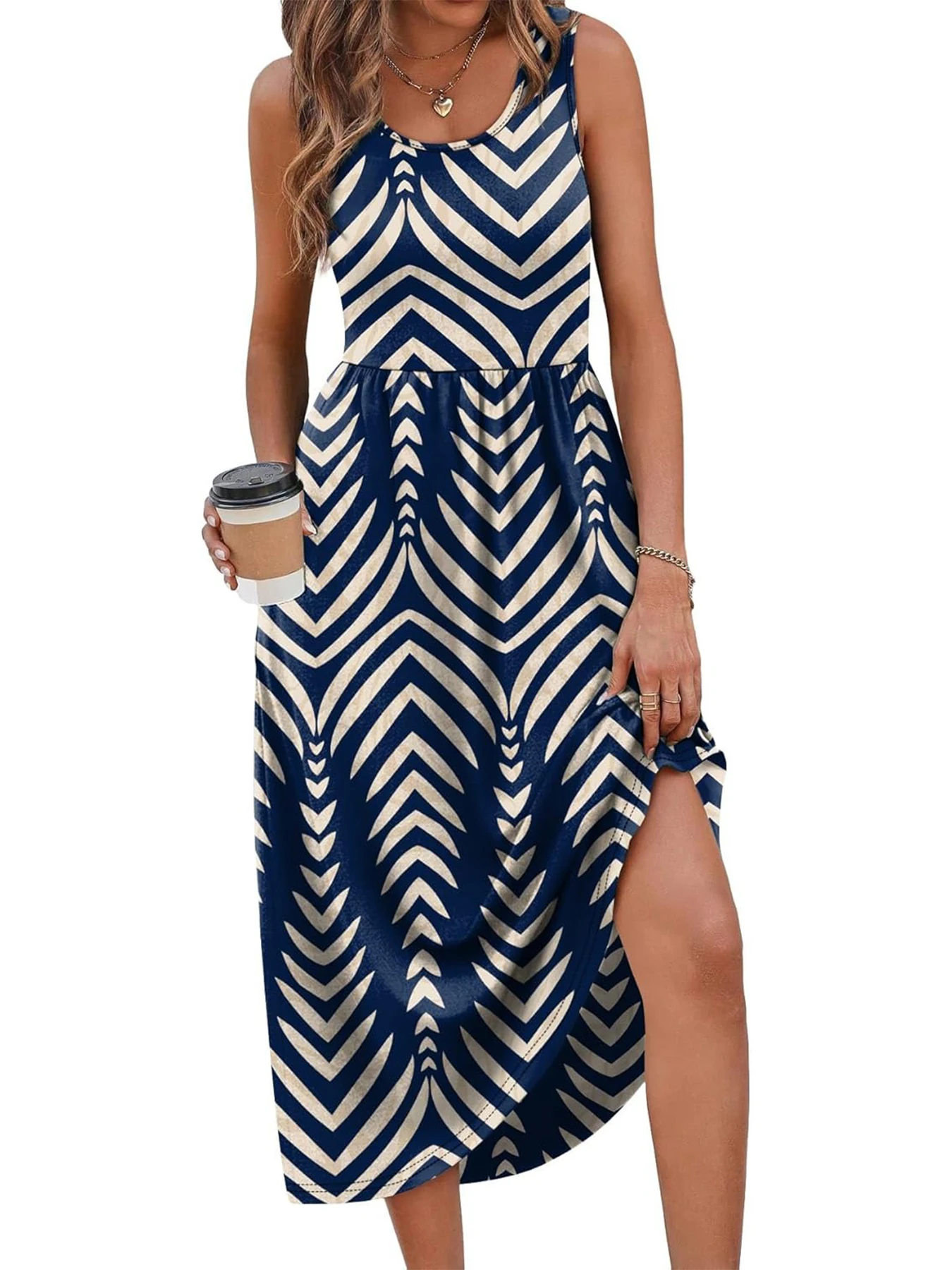 2026 Sommer Neue Kleider für Damen Bedrucktes Lässiges Midikleid Modisches Ärmelloses Rundhals-Strandkleid mit Taschen – Detail 9
