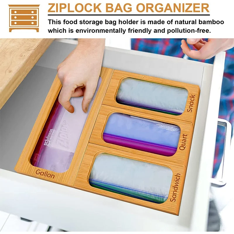 Bamboo Ziplock Bag Storage Organizer Dispenser For Kitchen Drawer Suitable For Sandwich & Snack Variety Size Bag