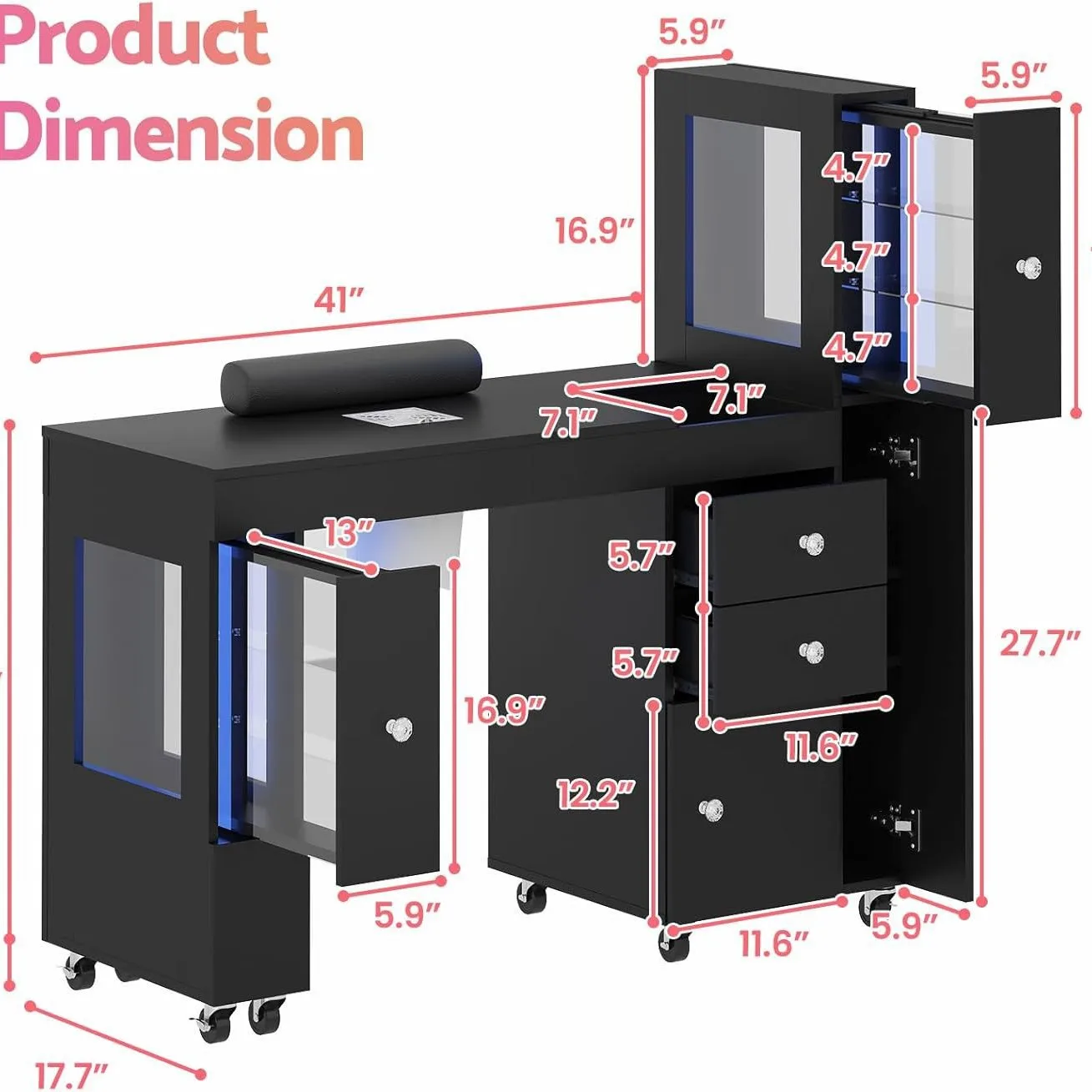 Nail Art Table with LED Light Display Cabinet Lockable Wheel Vacuum Cleaner Drawer Wrist Bracket Acetic Acid Resistant Black