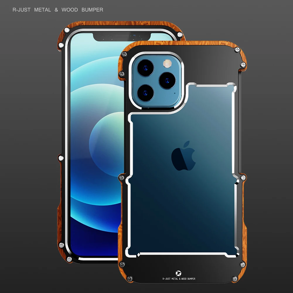 R-just Luxury Hard Metal Aluminum Wood Protective Bumper Phone Case For Iphone 116 15 14 Plus 13 12 Pro Max Cover Cases