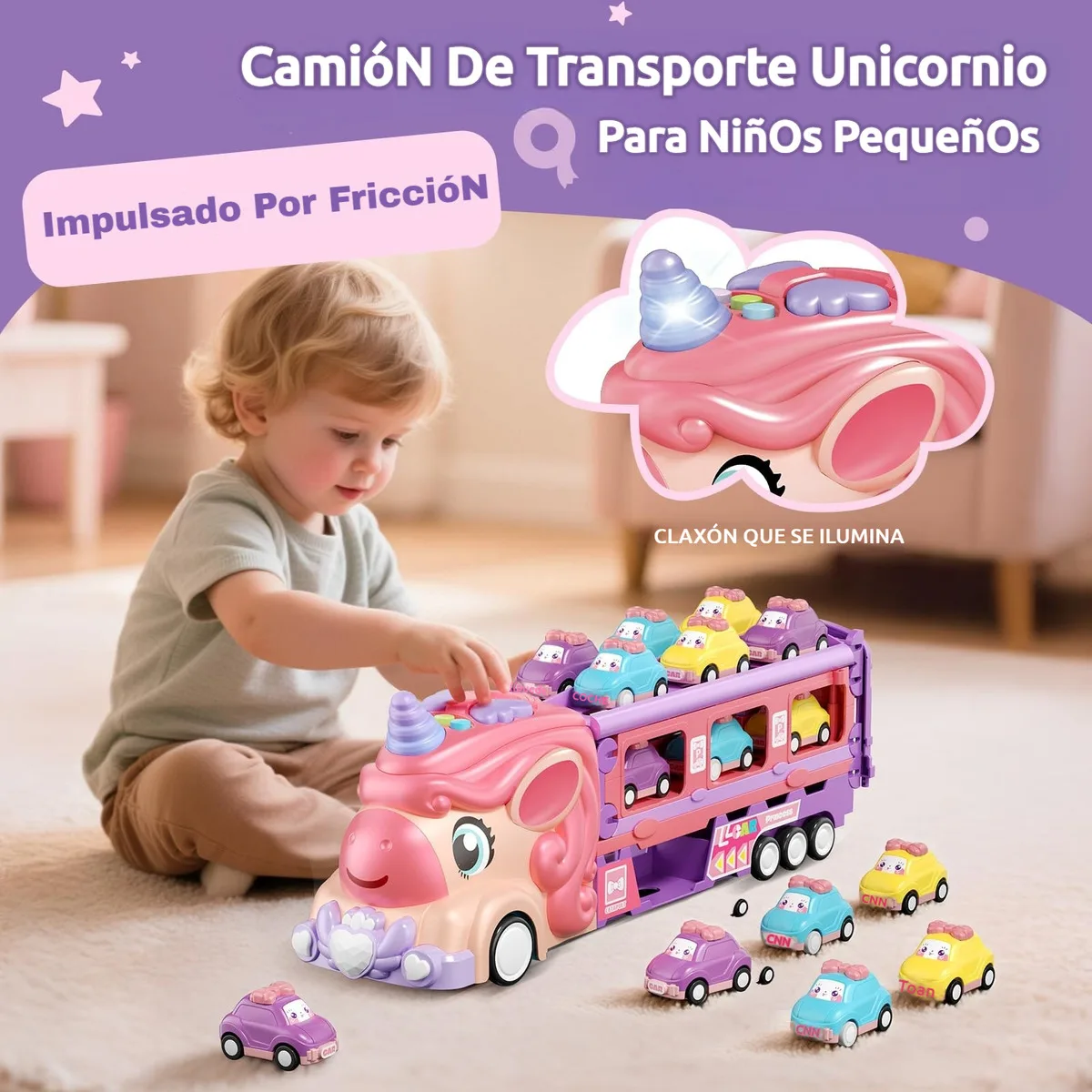 Pink unicorn folding track car toy with lights, music, press and eject mini car, friction power transport car, children's gift