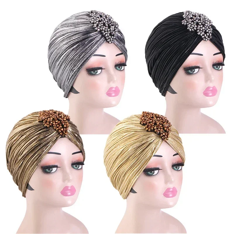 New Muslim Women Fashion Shiny Beaded Hijab Hat Indian Turban Cancer Chemo Cap Hair Loss Headscarf Beanies Bonnet Turbante Mujer