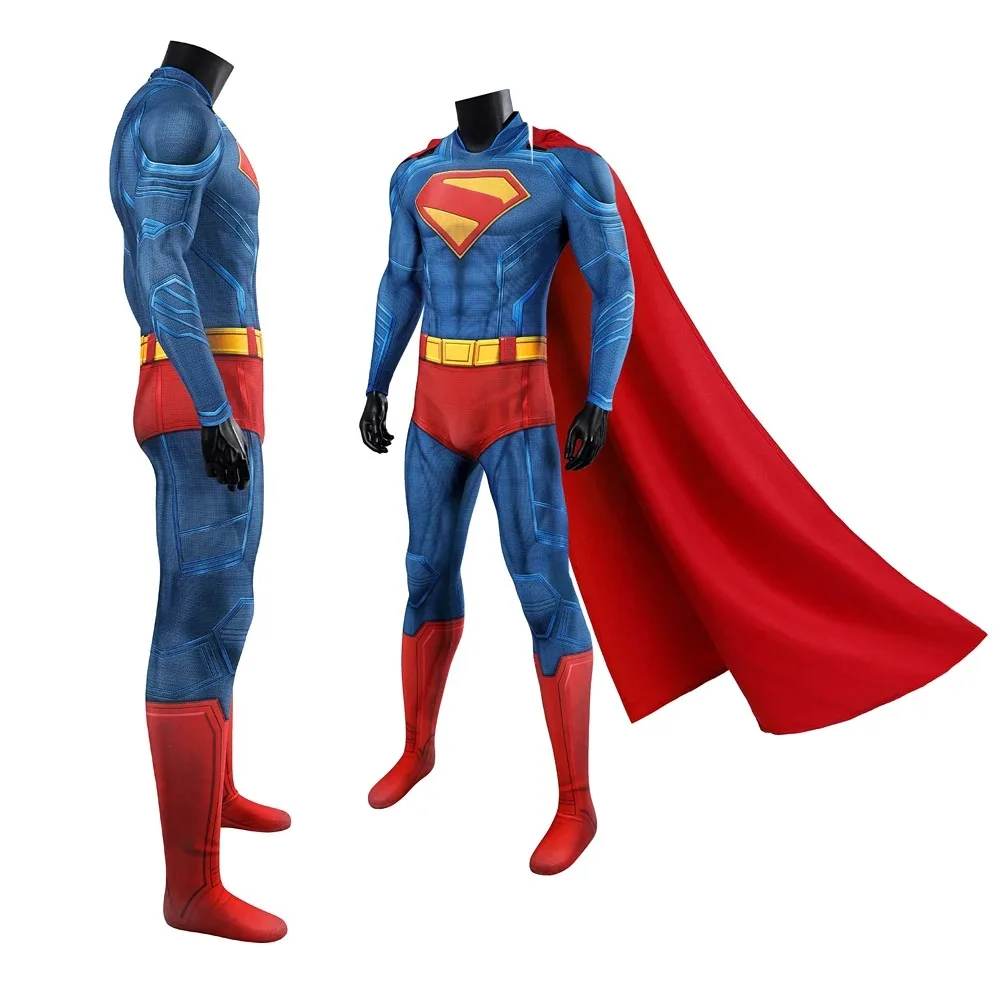 Disfraz de Clark rojo, disfraz de Kent, traje Zentai para hombre adulto, mono estampado 3D, traje con capa roja, conjunto completo hecho a medida