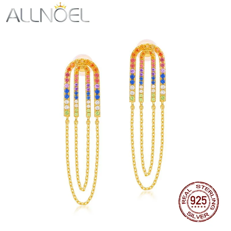 

ALLONEL 100% 925 Sterling Silver Long Tassel Drop Earrings 10K Gold Color Earrings Luxury Stack-able Fine Jewelry for Women