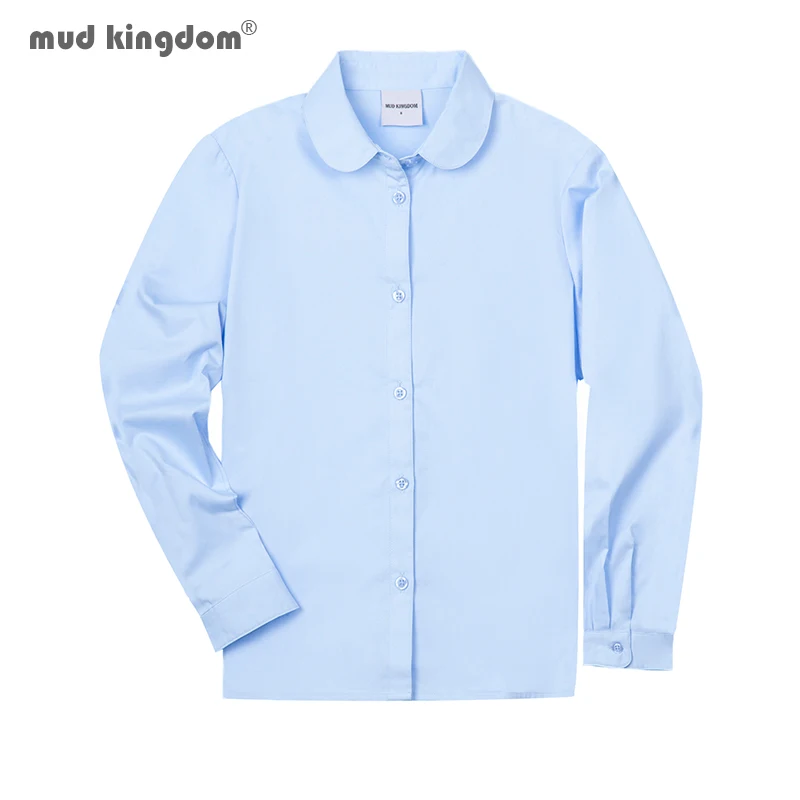 Mudkingdom Girls Dress Shirts Back to School Uniform with Peter Pan Collar Poplin Long Sleeve Blouse for Kids Formal Shirts