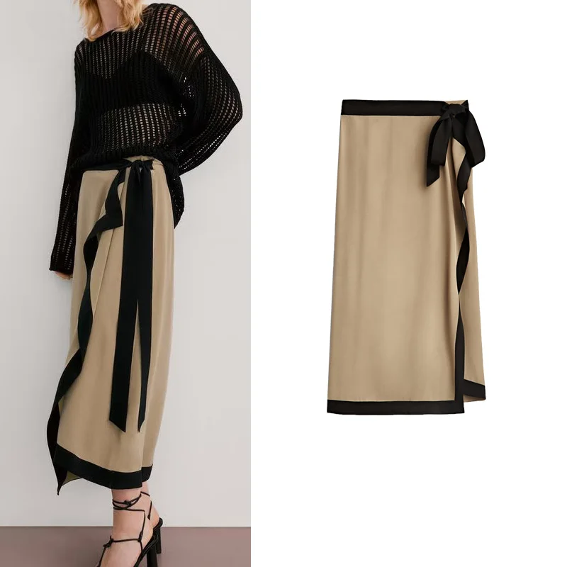 Long A-Line Skirt Women's Slim Fit Vintage Color Block Belt Design Ethereal Midi Skirt High Waist Polyester Fiber 25-29 Years...