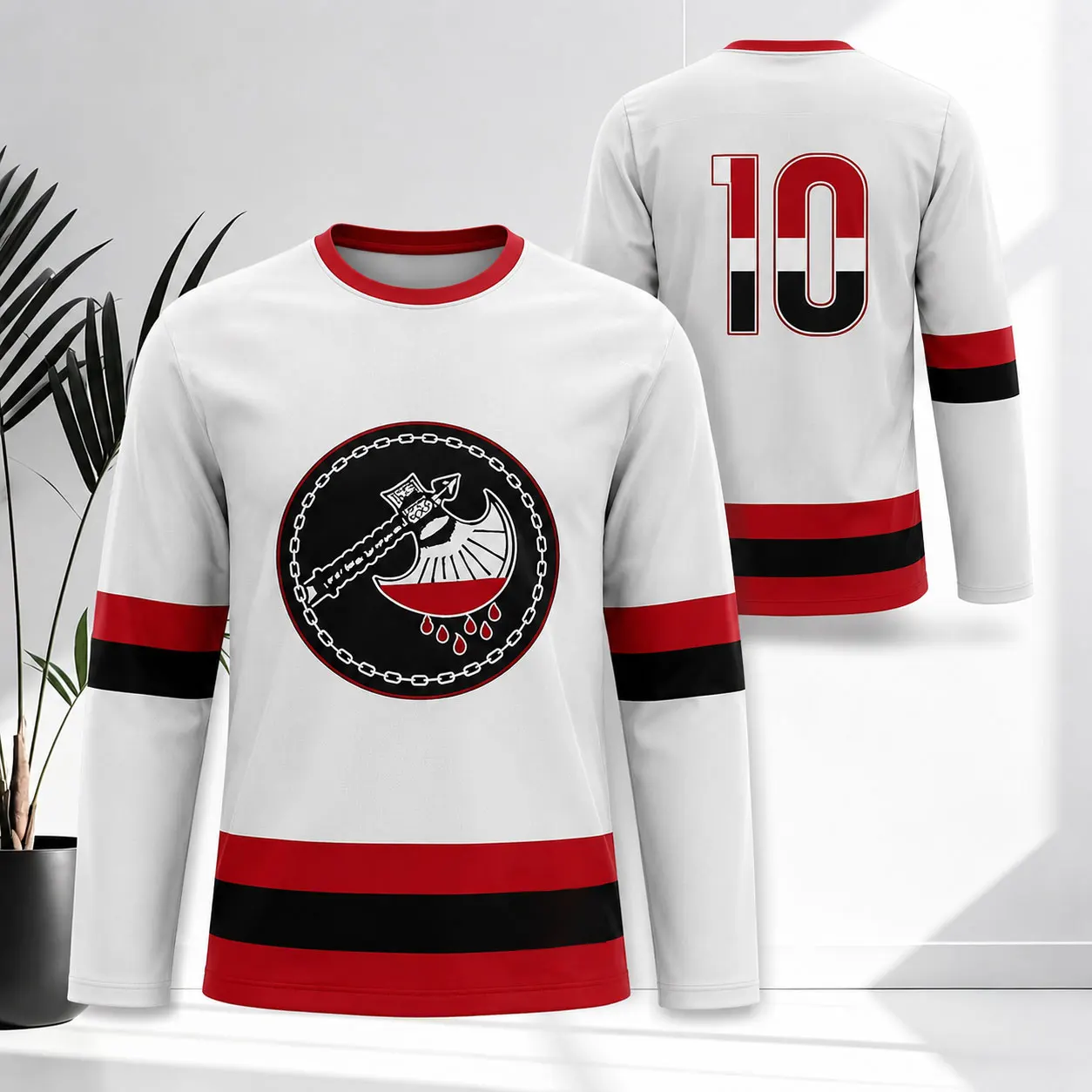 Metal Blade Records - Camiseta de hockey de manga larga con logotipo de hacha, diseño gráfico a rayas rojas y negras n.º 10, informal, deportiva, unisex para hombre y mujer
