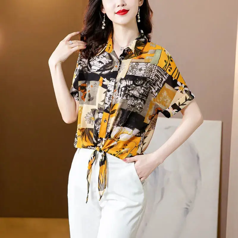 Vintage Printed Fashion Single-breasted Shirt Summer Turn-down Collar Female Clothing Short Sleeve Casual Bandage Loose Blouse