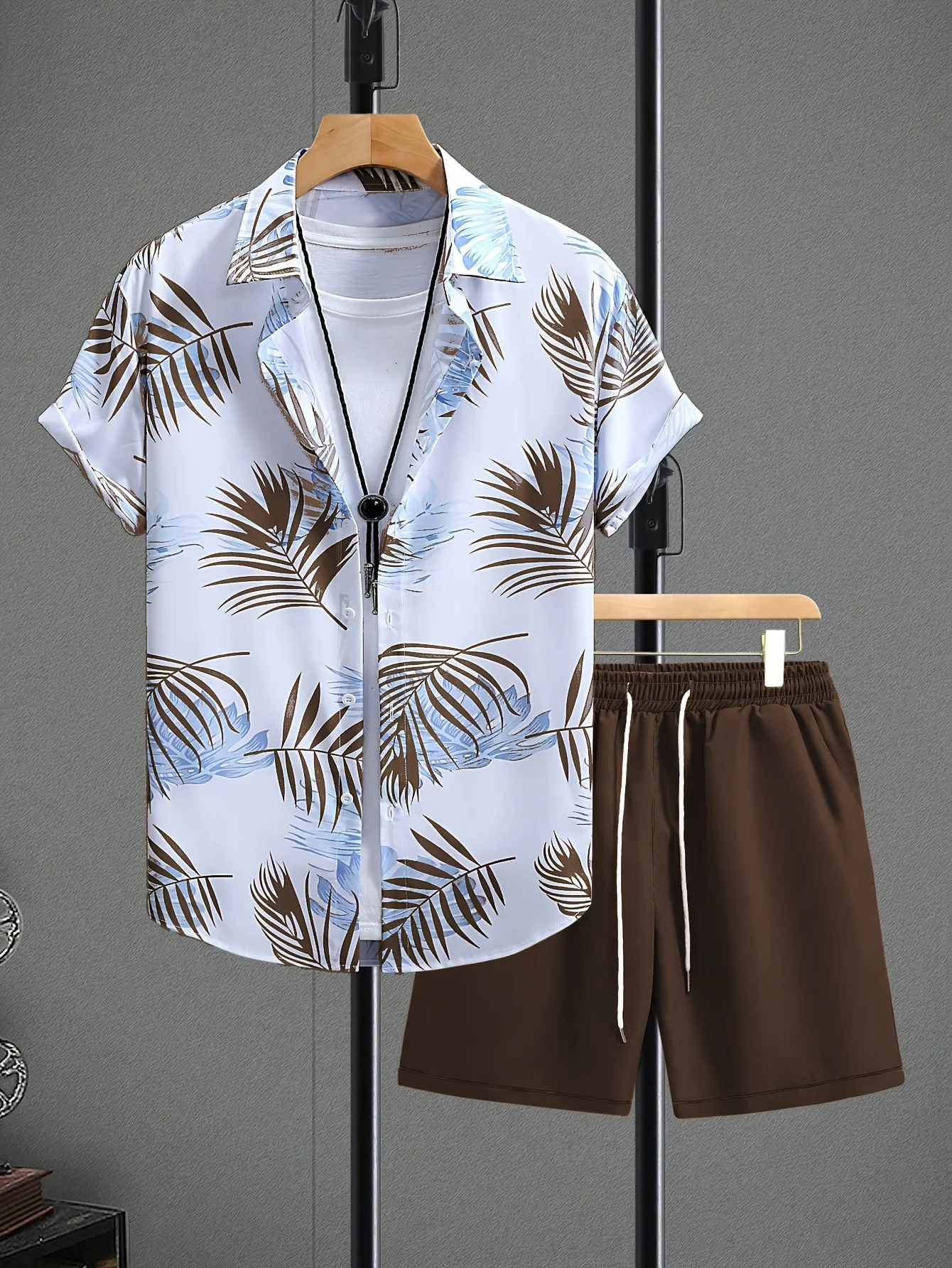 

Summer Fashion Men's Short-sleeved Lapel Shirt And Drawstring Shorts Set Elegant Plant Printing Pattern Leisure Two-piece Suit