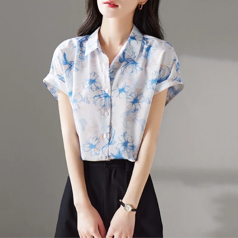 

Women Lapel Blue Floral Print Short Sleeve Chiffon Shirt OL Casual Blouse