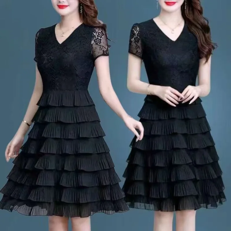 Vestido feminino em camadas preto, vestido midi com retalhos com renda, vestido casual chique com tudo a combinar, moda primavera e verão, tamanho grande, 2023