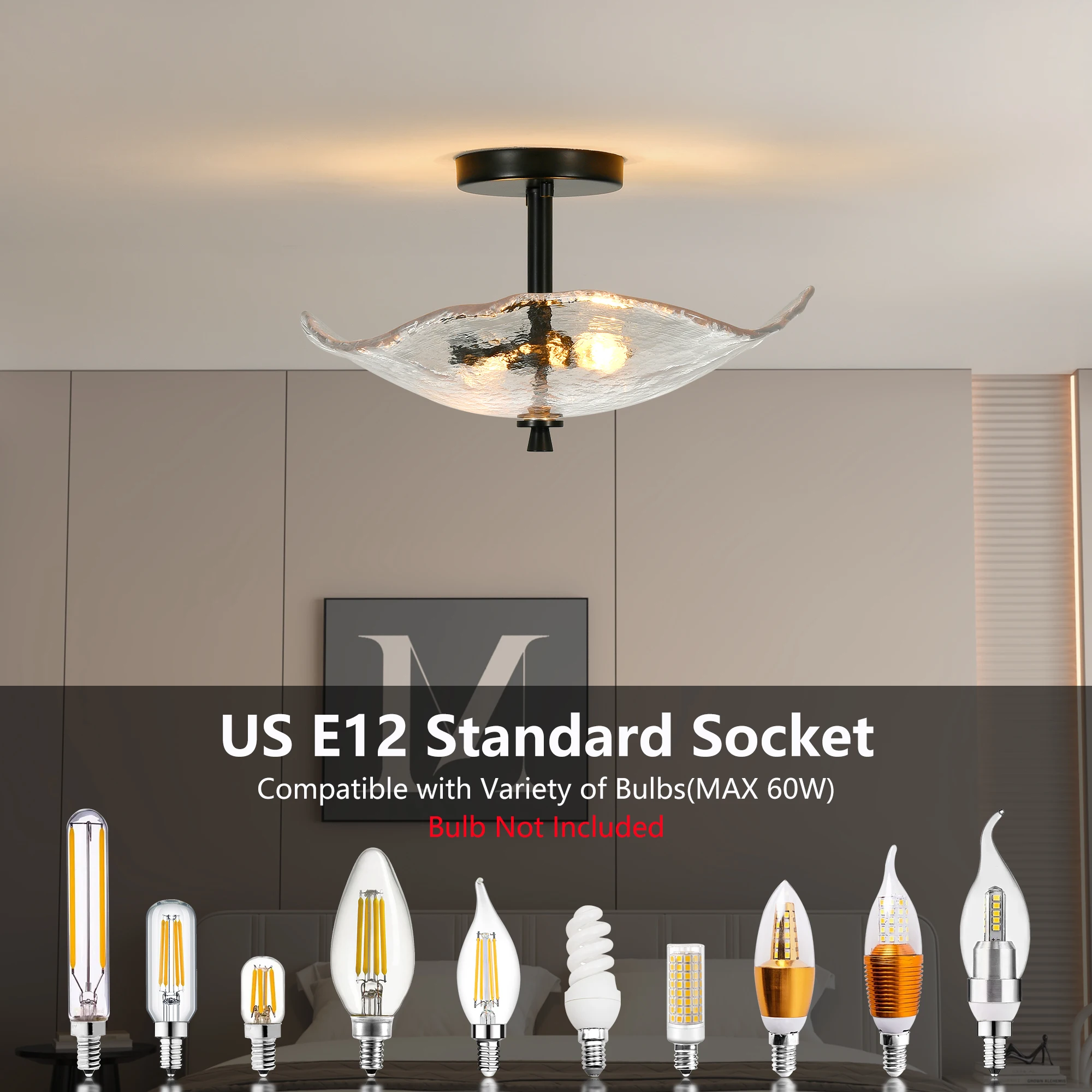 Modern Ceiling Light Traditional Semi Flush Mount Ceiling Light with Scalloped Clear Glass for Living Room Hallway