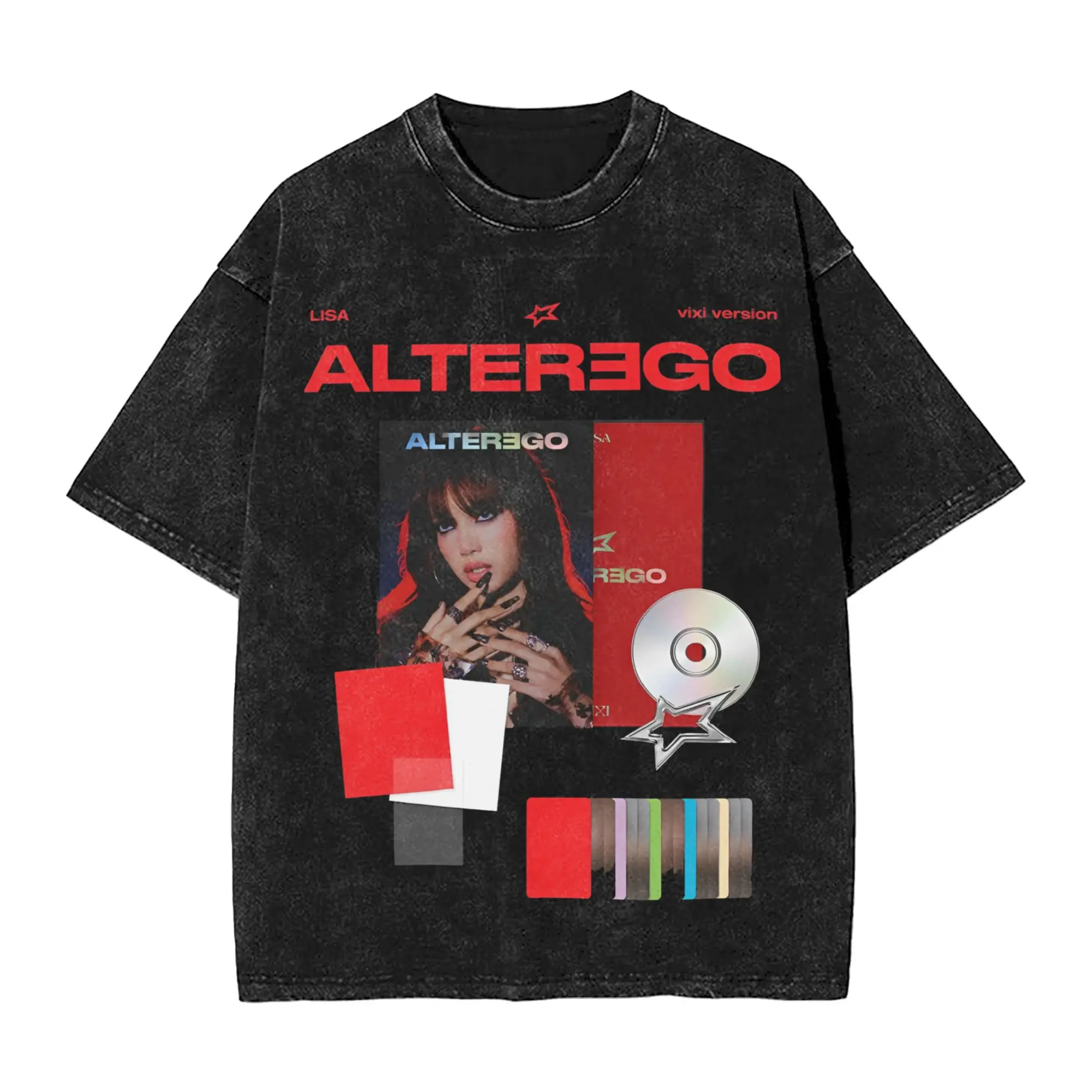 Harajuku LISA Album ALTER EGO Graphic T Shirt Men's Women's Clothing Vintage Washed Cotton T Shirts Oversized Short Sleeve Tees
