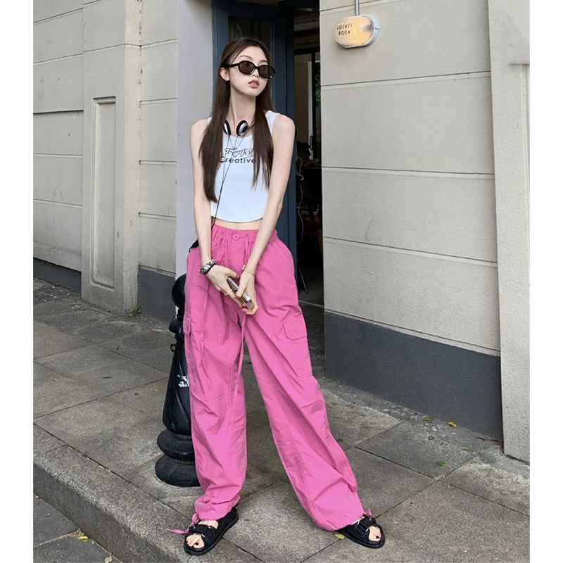 

Women Streetwear Pink Wide Leg Cargo Pants High Waist Baggy Street Vintage Straight Self Cultivation Trouser Ladies Summer