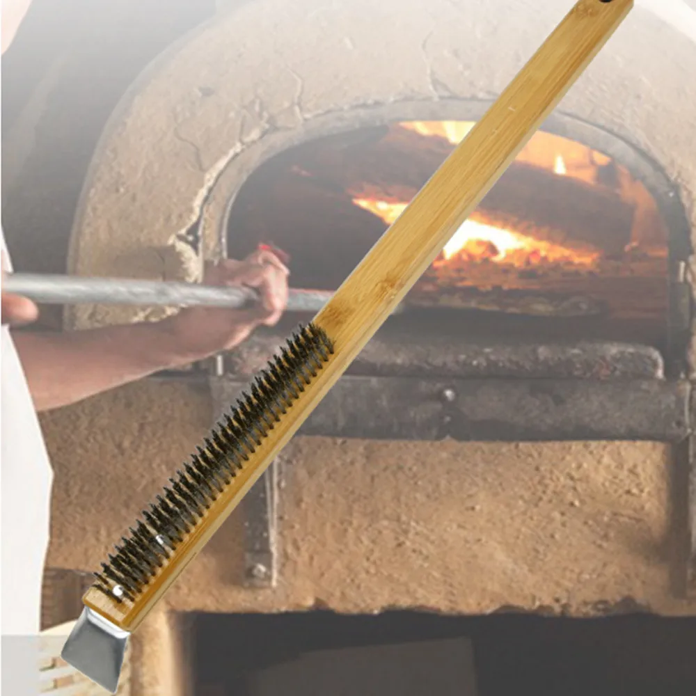 Cepillo para horno de Pizza con raspador, herramienta de limpieza para parrilla de barbacoa con mango de madera, accesorios de cocina para horno de Pizza