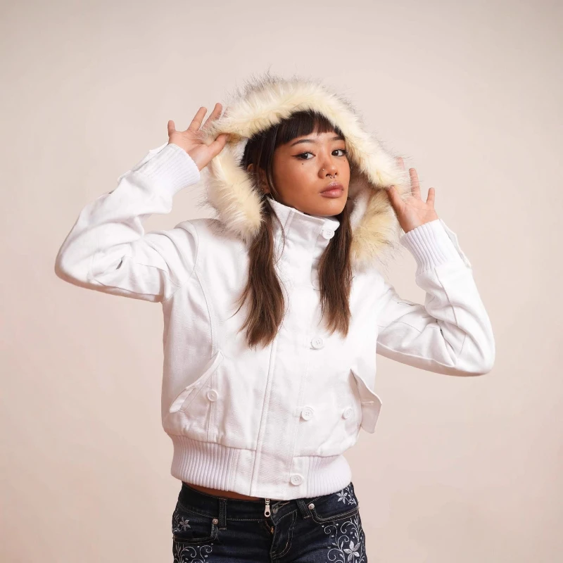 

Hooded Zipper Short Jacket Detachable Fur Collar Solid Coat Winter Thick Women's Jackets Loose Fleece-lined Warm Overcoat Zip-up