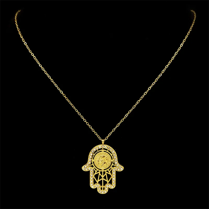 Hamasa Hand Stainless Steel Hand of Fatima with George VI Medal Necklace for Women Men Vintage Gold Color Jewelry Gift ZZZ995-2