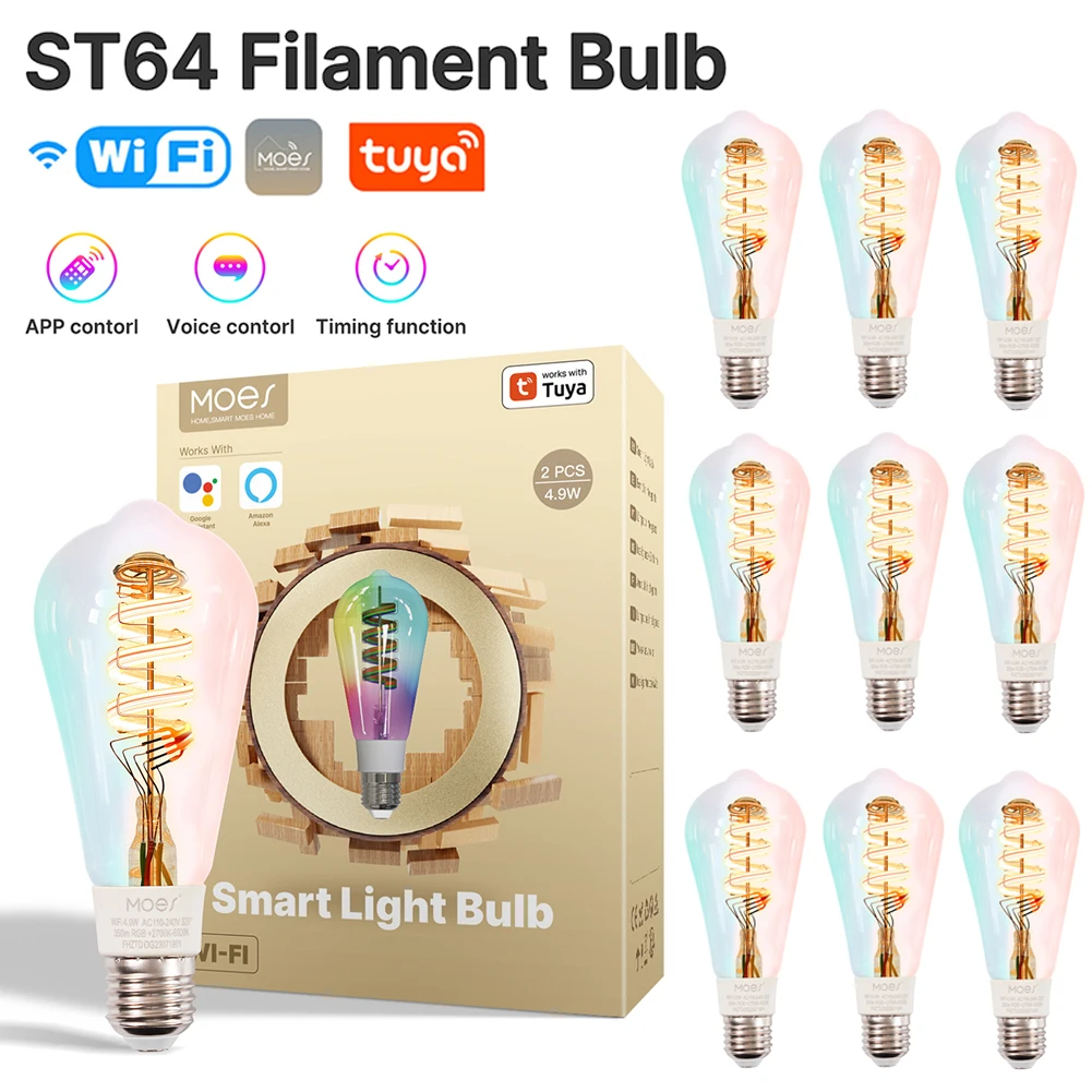 

Tuya WiFi Smart ST64 Светодиодные лампы Эдисона 16 миллионов цветов RGB Умная лампа Эдисона ST64 Работает с управлением через приложение Alexa/Google Home