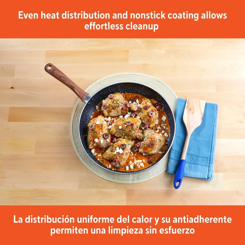 Nonstick Fry Pan Aluminum with Wood Look Handle Kitchen Essential Frying Sautéing Stirfrying Lightweight Easy Clean Cookware