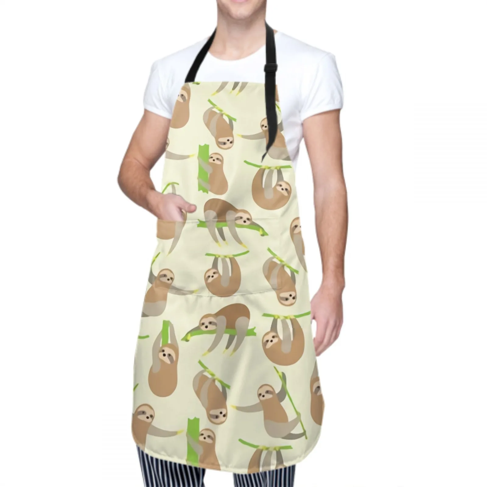 Cute Sloth Waterproof Apron with 2 Pockets Kitchen Chef Apron Hill Apron for Hair Brushing Cooking Baking Painting Gardening