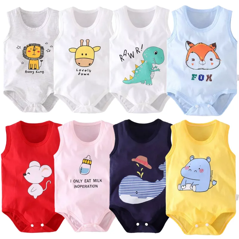 Newborn Baby Cartoon Cotton Sleeveless Vest Romper Boy Girl Jumpsuit Pajamas Toddler Infant Outfit Clothes  0-24M