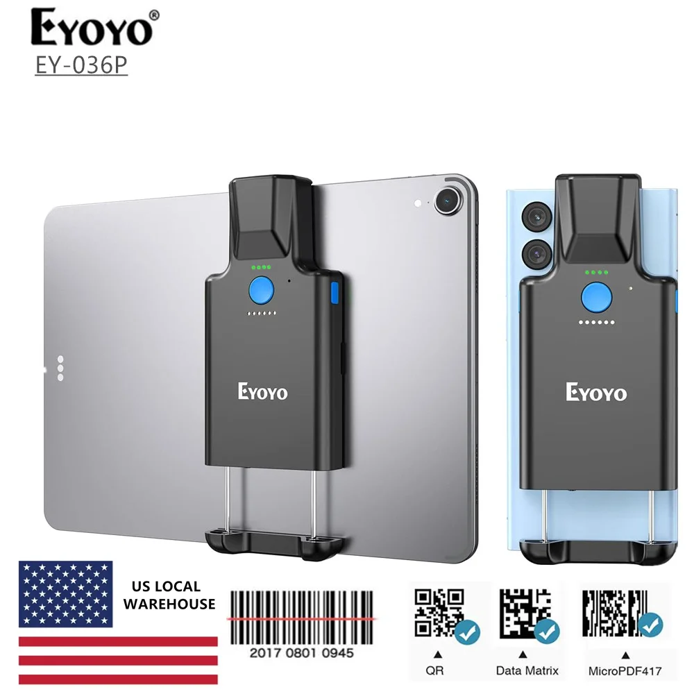 

Eyoyo Беспроводной Bluetooth 1D и 2D сканер штрих-кода QR с задним зажимом EY-036Plus Индикатор уровня мощности 3000 мАч Перезаряжаемая батарея