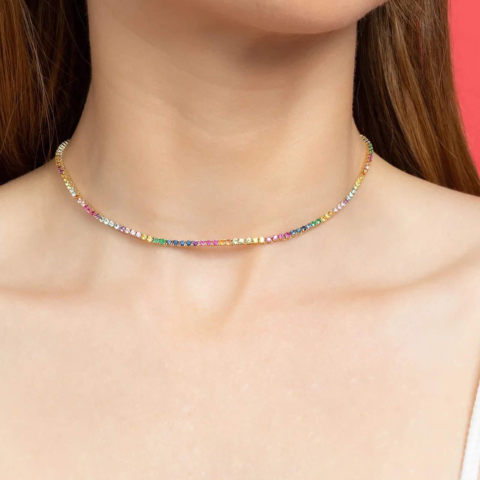 ANDYWEN 925 Sterling Silver 2022 Gold 2mm Tennis CZ Chain Necklace Long Choker Women Crystal Luxury Fine Jewelry Gift