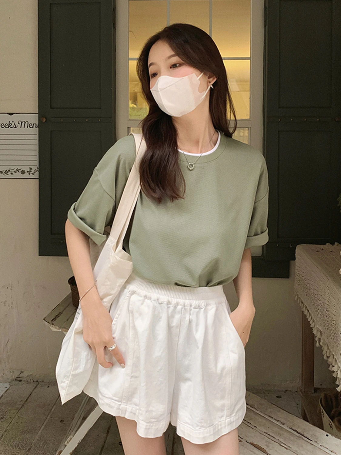 

Large Size Design Waffle Short Sleeve t-shirt Women Loose Round Neck Color Collision Fake Two Pieces Half Sleeve Tops