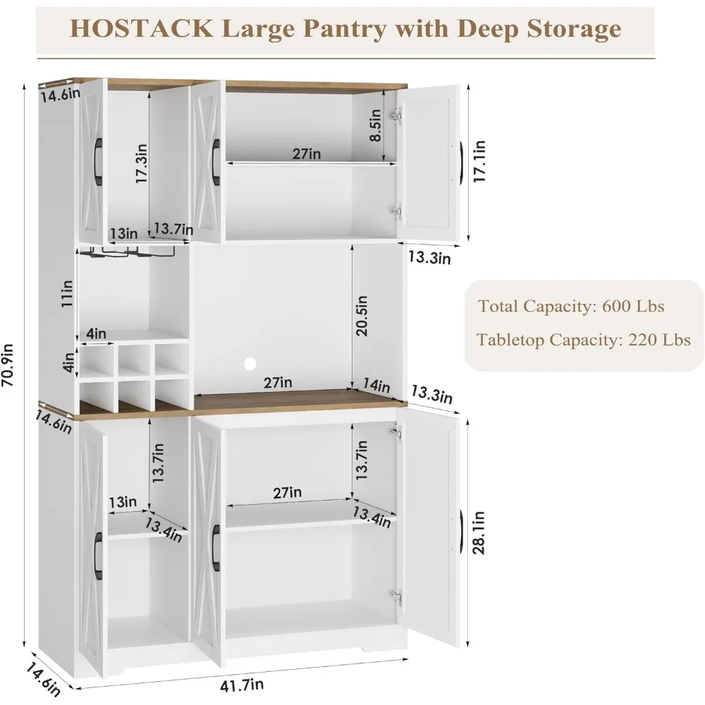 Kitchen Pantry Storage Cabinet, 71" Tall Food Pantry Cabinet with Microwave Stand, Farmhouse Kitchen Hutch Cabinet, Coffee Bar