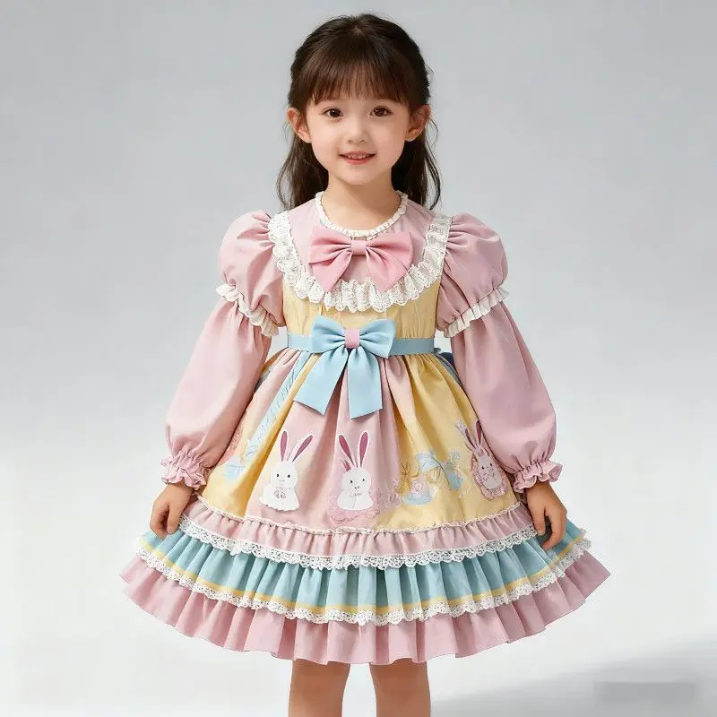

Princess Lolita Skirt Girls Autumn Spain Sweet Children Cartoon Pink Dress Long Sleeve Puffy Tulle Skirt cute kids Layed clothes