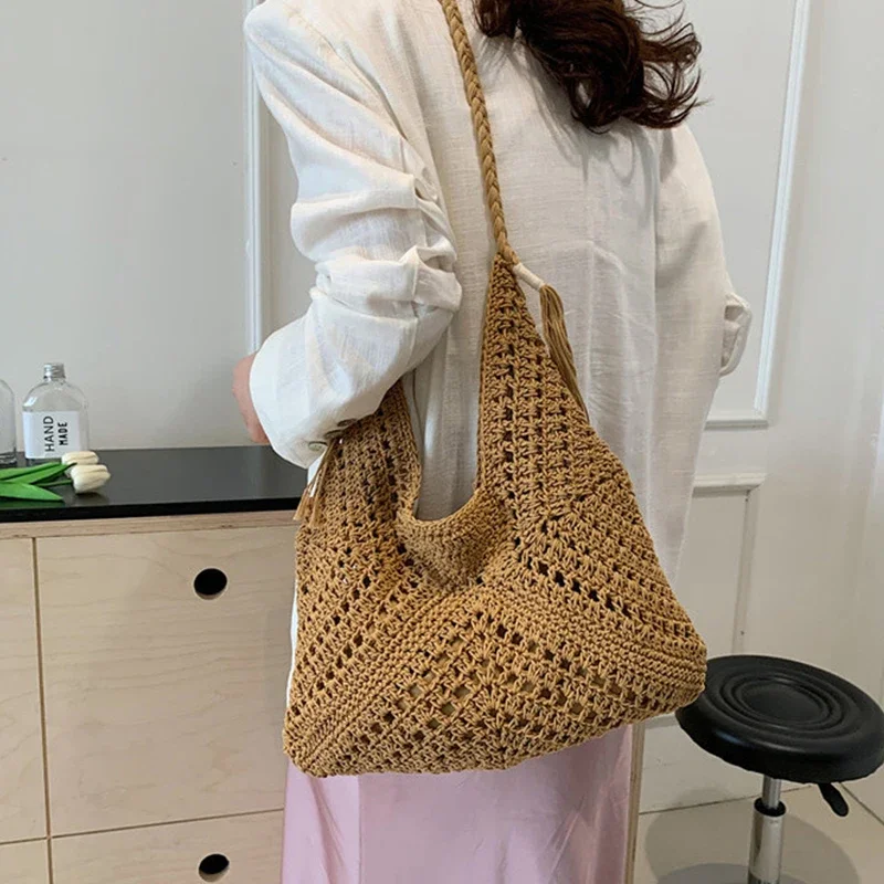 Women Crochet Tote Bag Fashion Knitted Bag Large Capacity Hollow Out Bag Solid Color Tassels Woven Shoulder Beach Tote 2024