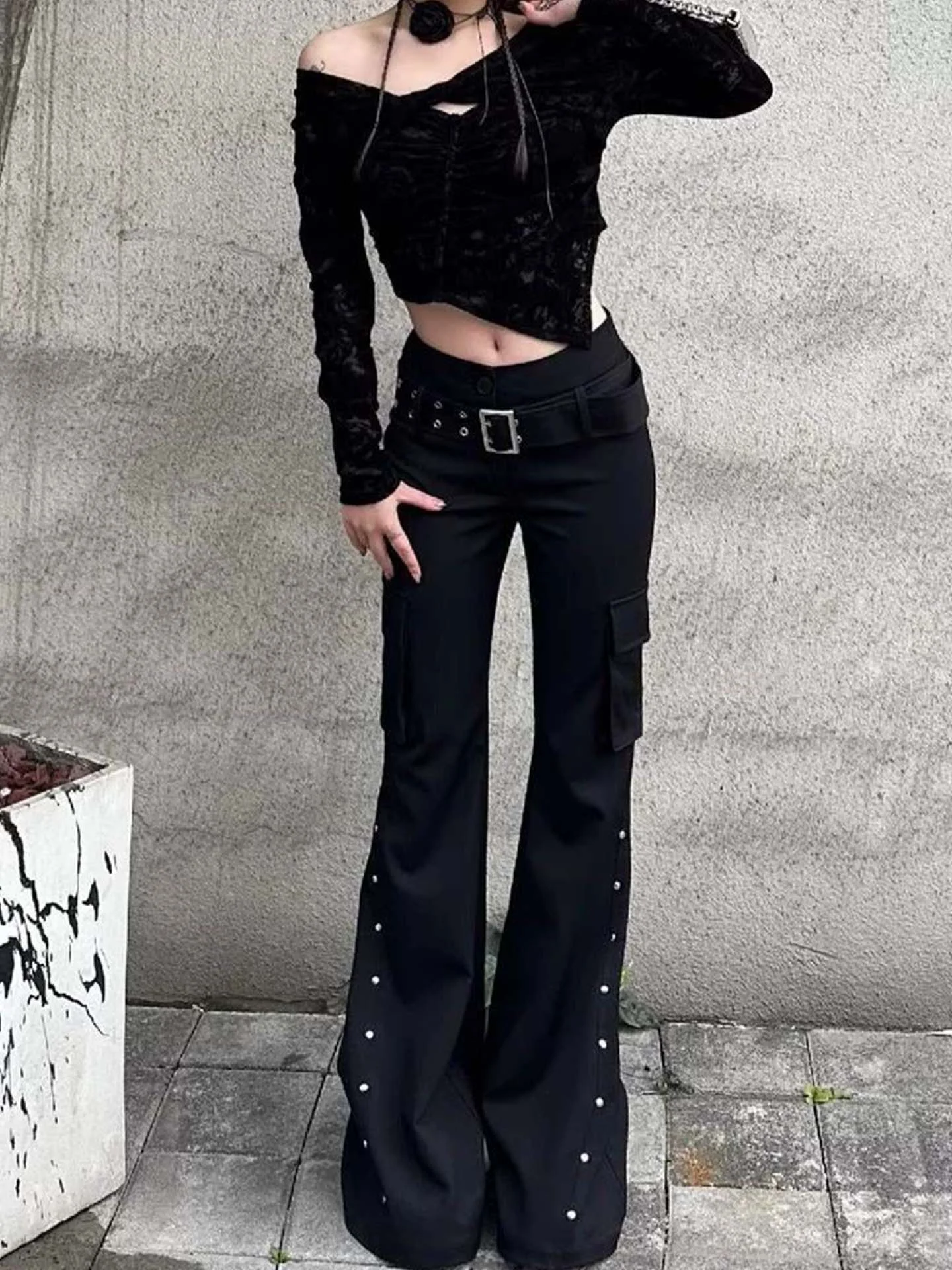 

American Sle Spicy Girl Rivet Micro Flared Casual Pants Women's Low Waist Slim Straight Leg Bell Bot Vintage Design