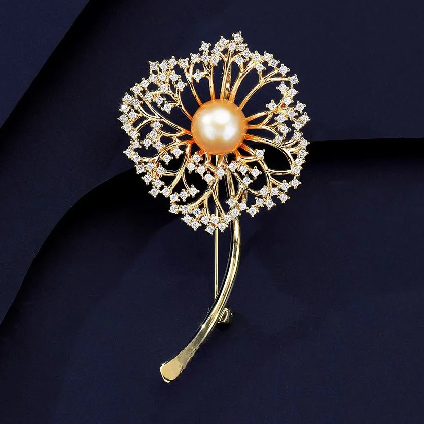 Ajojewel Silver-color Hollow CZ Dandelion Brooch Pearl Suit Pin For Cloth Vintage Style Costume Jewelry Fashion Gift Items