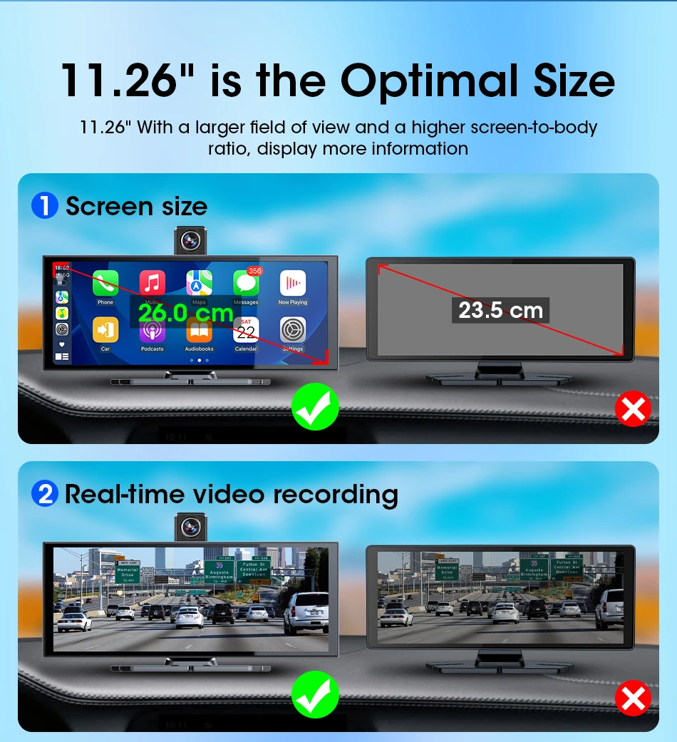 11,26 Zoll Dash Cam Auto DVR 4K Kamera Wireless Carplay Android Auto Touchscreen Dual Len Video Recorder Dashboard BT FM AUX GPS – Detail 2