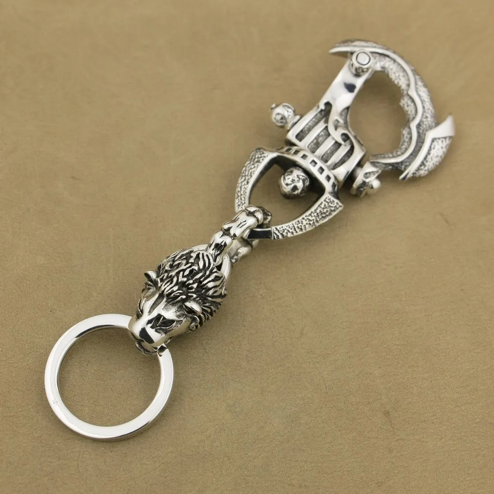 925 Sterling Silver Armor Lion King KeyRing Biker KeyChain DIY Accessory 8J031