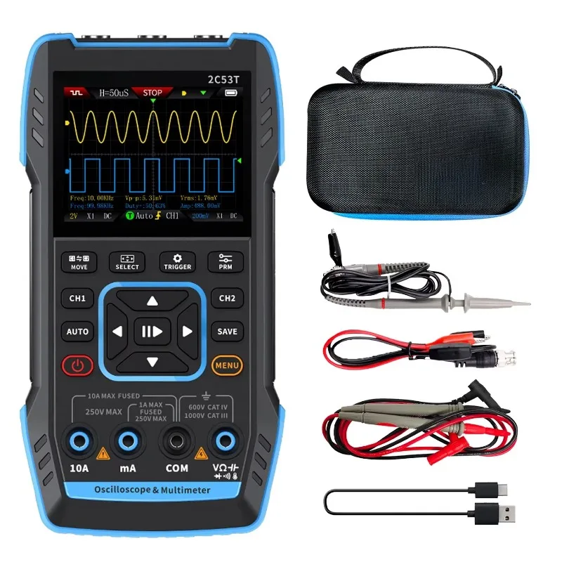 2C53T 3IN1 Handheld Oscilloscope Multimeter Dual Channel 50kHz 250MS/s Function Signal Generator for Electronic Repair