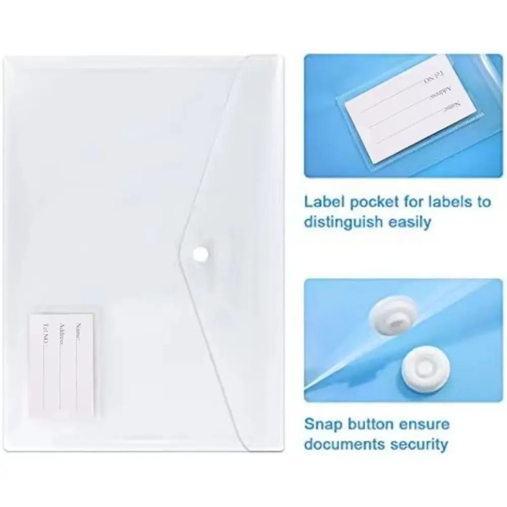 

1Pcs with Label Pocket A4 Binder Pocket Snap Button Transparent Document Files Folders Clear Plastic Envelope Popper Wallets