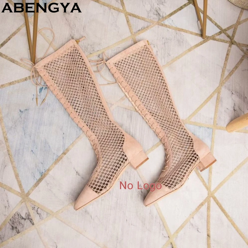 New Summer Hollow Out Knee High Boots Women Suede Leather High Heel Party Shoes Women's Boots Lace Up Ankle Boots For Woman