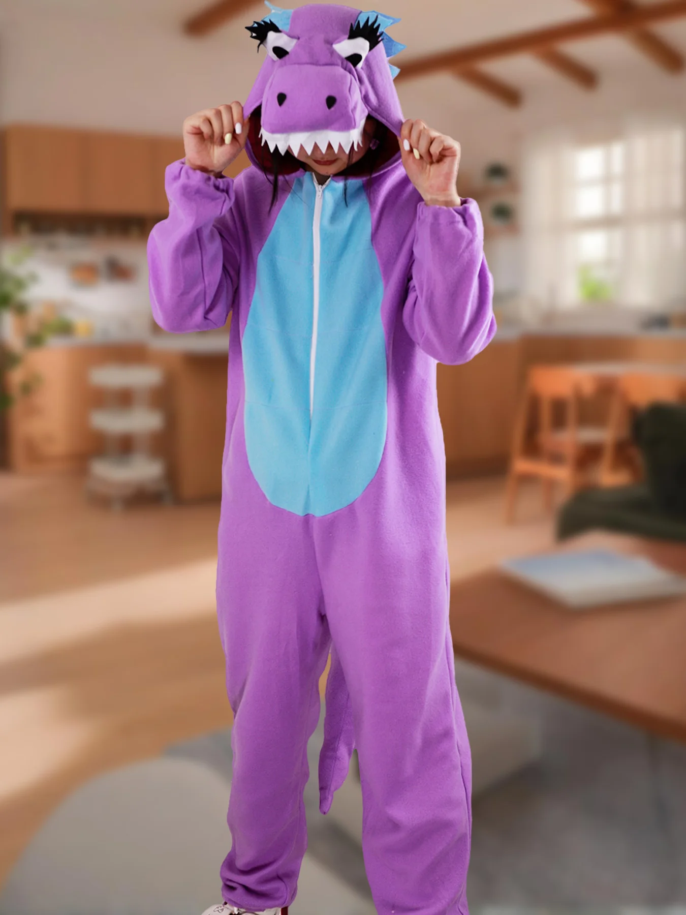 

Фиолетовый комбинезон в форме динозавра для взрослых, карнавальный костюм для вечеринки, карнавальный костюм на Хэллоуин, необычный сценический костюм