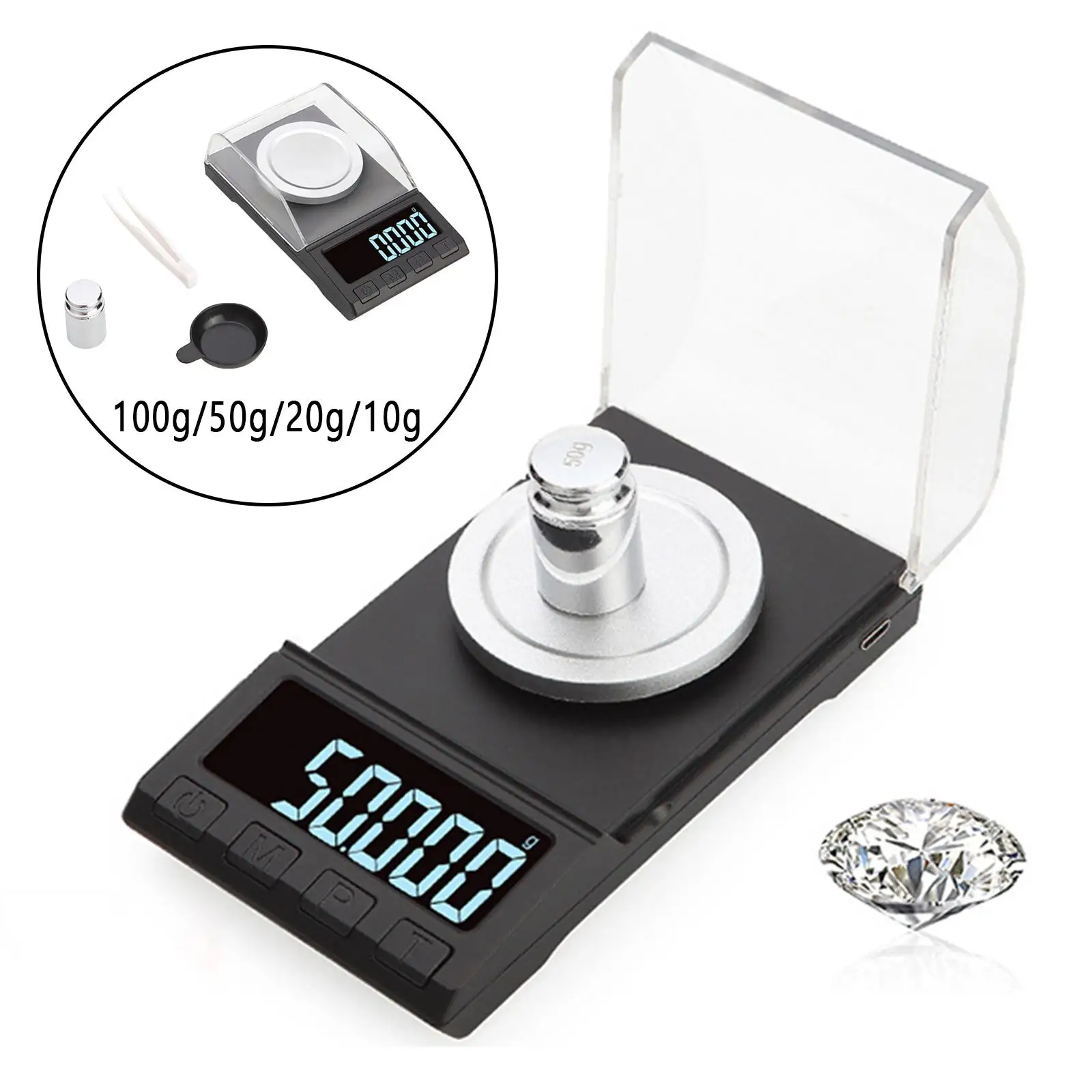 

High Precision Scale for Milligrams Jewelry with LCD Backlight USB Cable Refill for Gold with Weight Calipers
