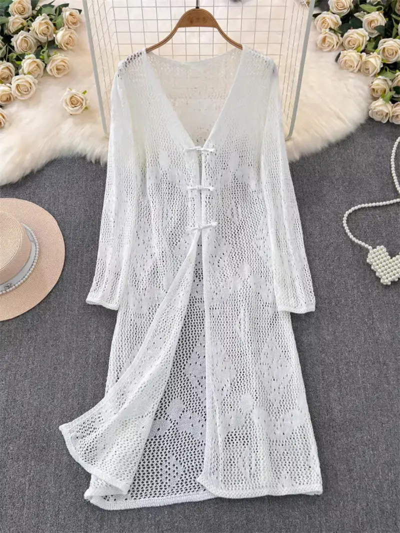 New Chinese Style Button Up Long Sleeved Sun Protection Dress For Women 2024 Summer New Slim Fit Beach Lace Tunic Dress K641