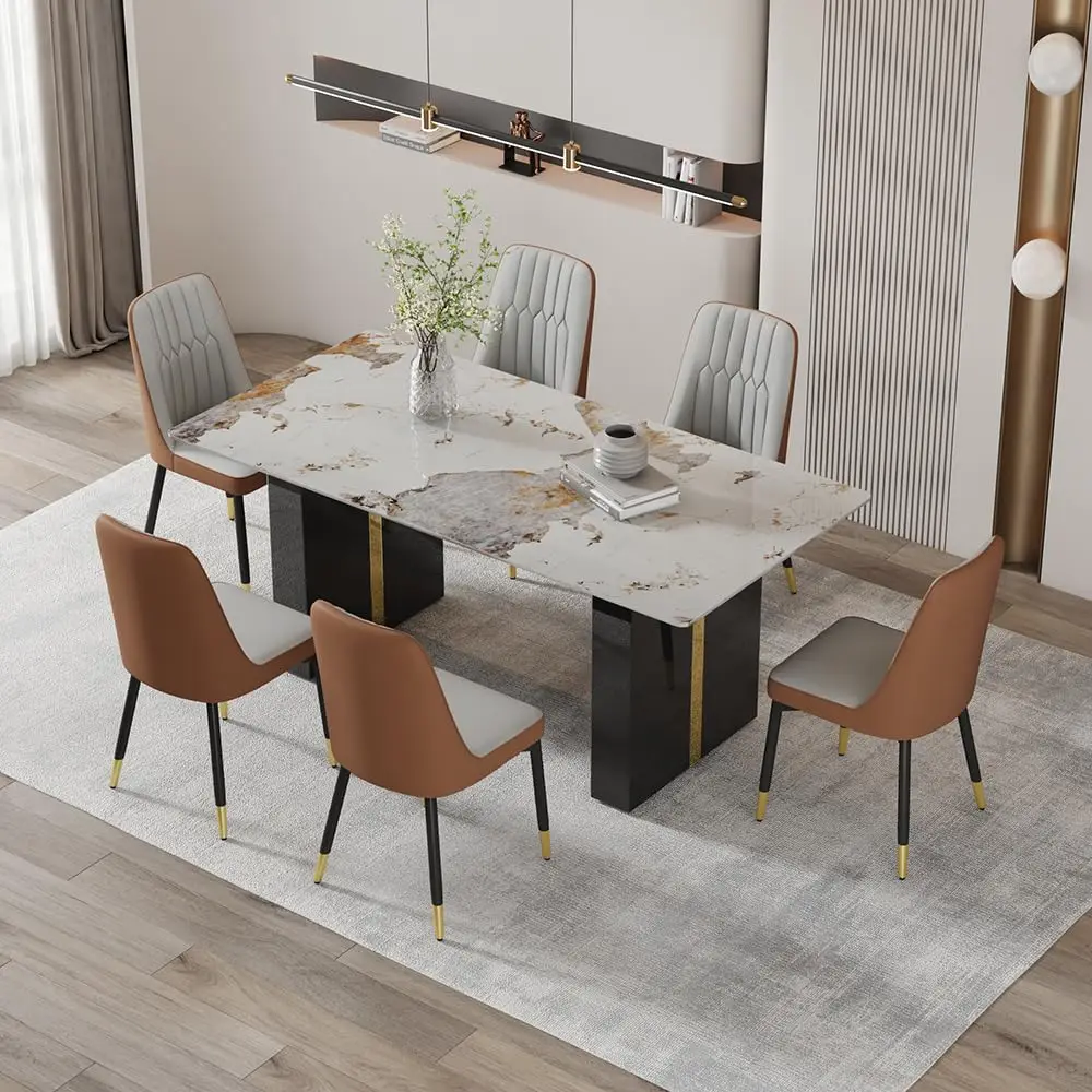 71'' Modern Dining Table Set for 6，Dining Room Sets for 6, Kitchen Faux Marble Table and PU Leather Chairs Set of 6 for Kitchen