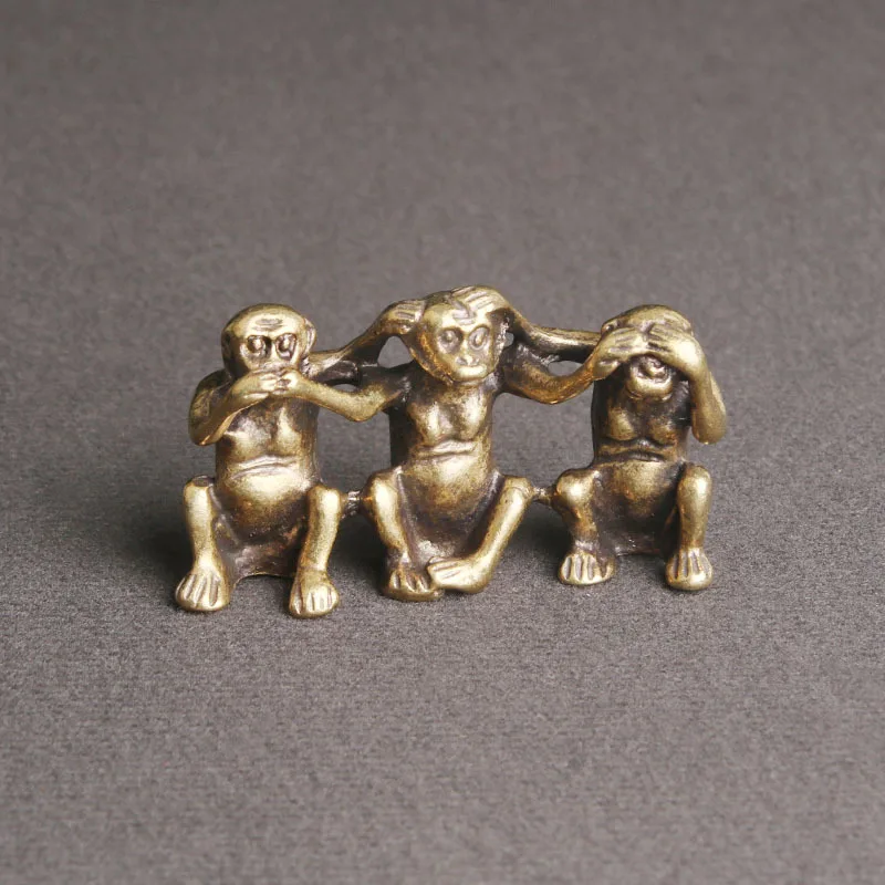 Figuras artesanales de tres monos de cobre puro, miniaturas para el hogar, oficina, sala de estar, decoración de animales, decoración Feng Shui de bronce antiguo
