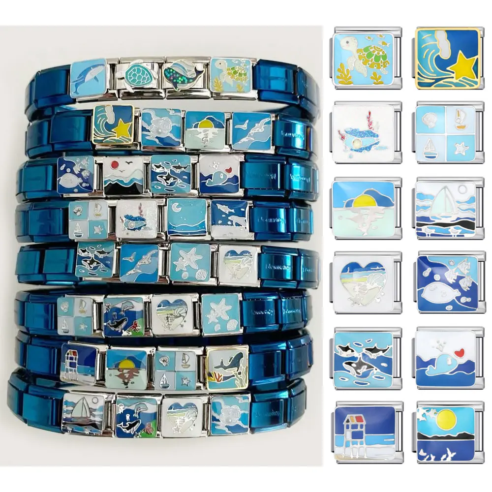 Marine Organism Pattern Whale Sea Turtle Starfish Shell Charm Italian Charm Bracelet DIY 9mm Stainless Steel Bracelet Jewelry