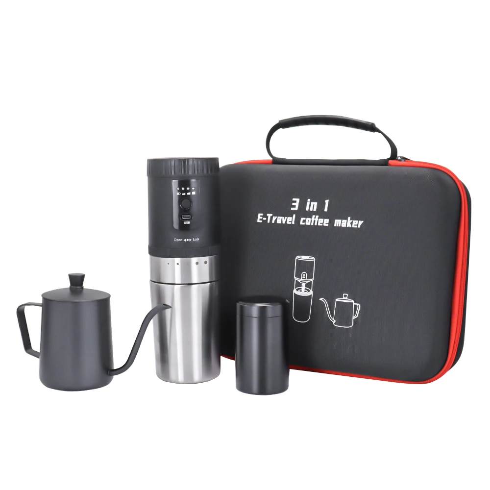 3 in 1 Pour Over Coffee Maker Set Portable Coffee Set with Cordless Electric Grinder; Kettle Stainless Steel for Outdoor Camping